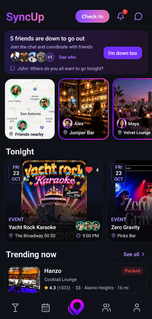 SyncUp home screen with live check-in stories, tonight’s events, and trending venues.