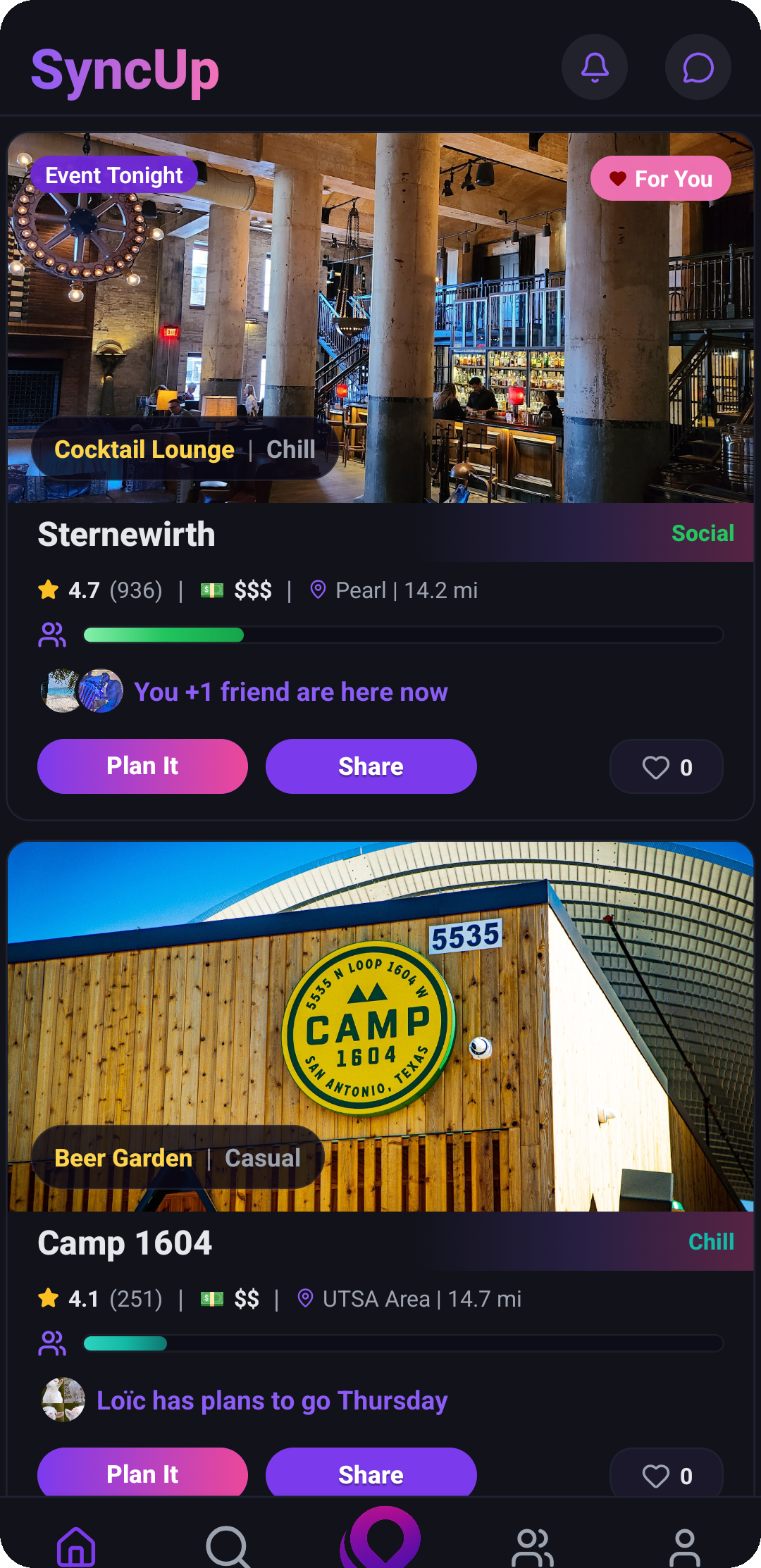 SyncUp showing nightlife venues with crowd levels, friends currently there, upcoming friend plans, and plan and share actions.